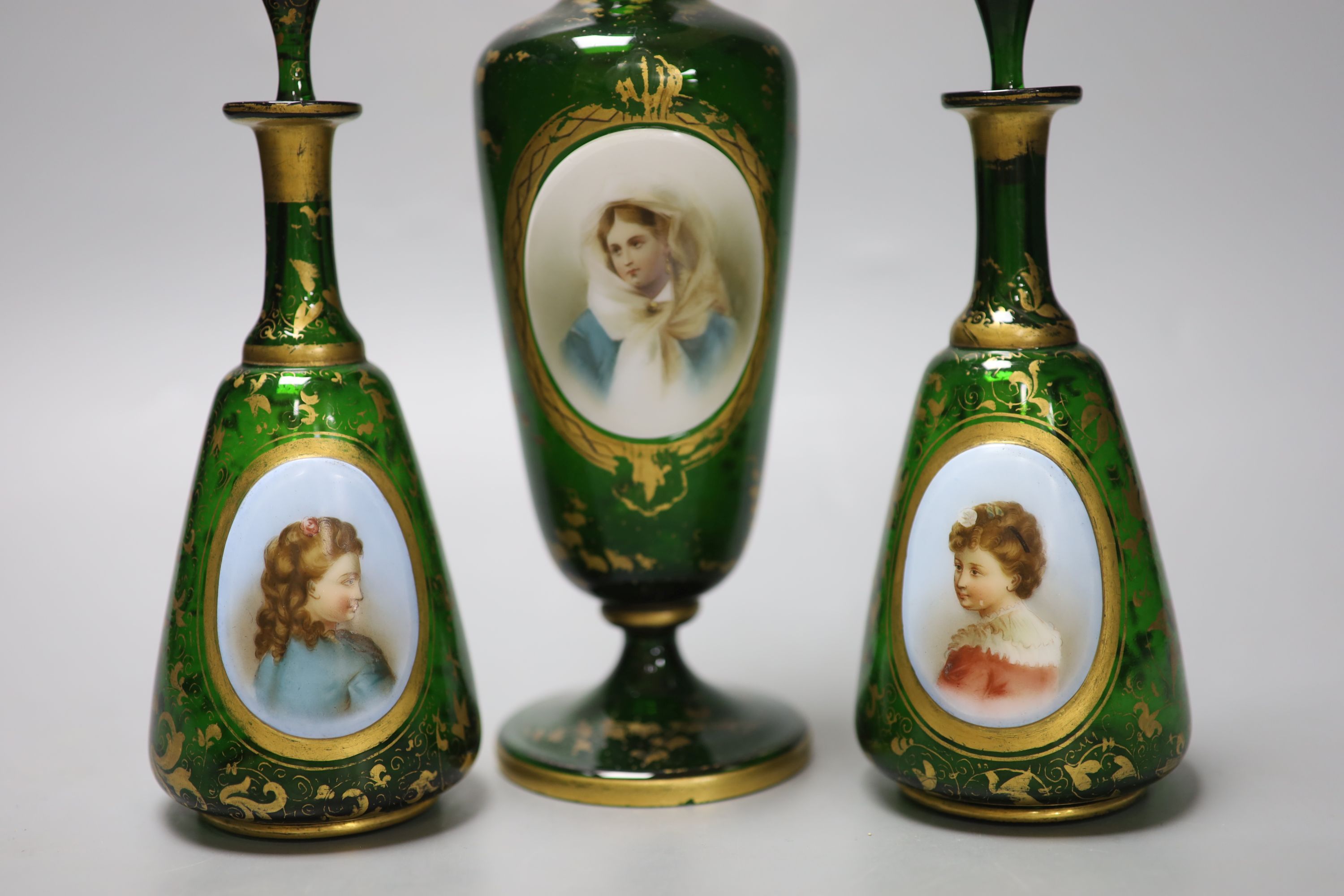 A Bohemian gilded glass vase with porcelain portrait plaque, late 19th century and a pair of similar scent bottles, tallest 24.5cm